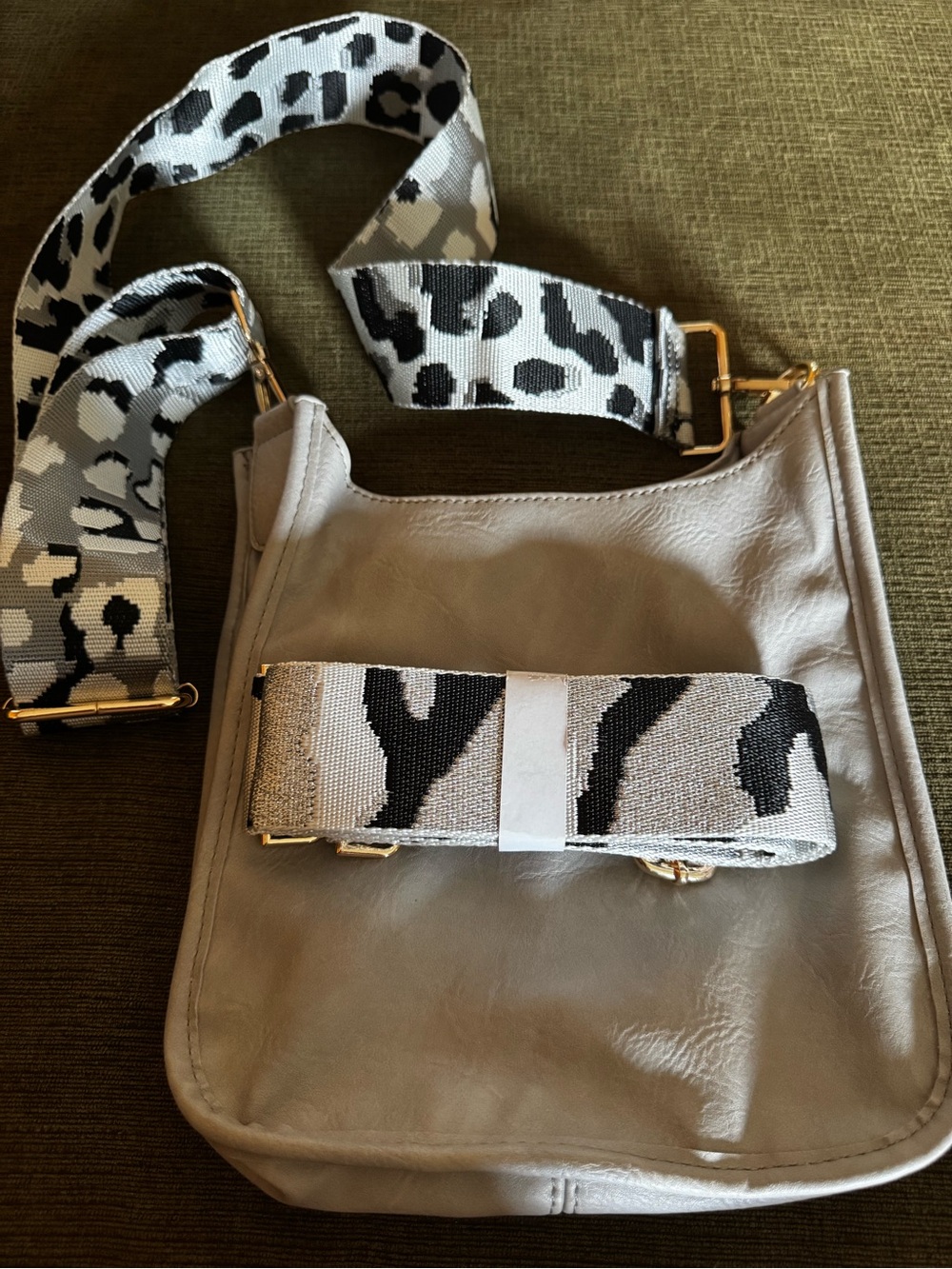 Adhorned Leather Crossbody Bag in Light Gray with Two Patterned Straps